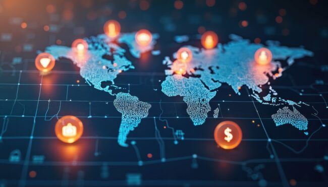 Global digital map showing cross-border travel payments and connected transaction networks