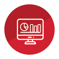 Small circle with computer screen in the centre with graphs and reports displayed