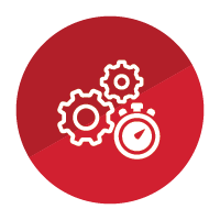 Small circle with cogs in the middle and a stopwatch demonstrating time efficiency