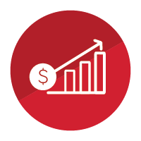 Small circle with a chart and dollar sign in the middle increasing in a positive trend