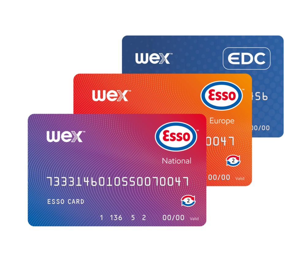 Drie gestapelde Esso-brandstofkaarten van WEX
