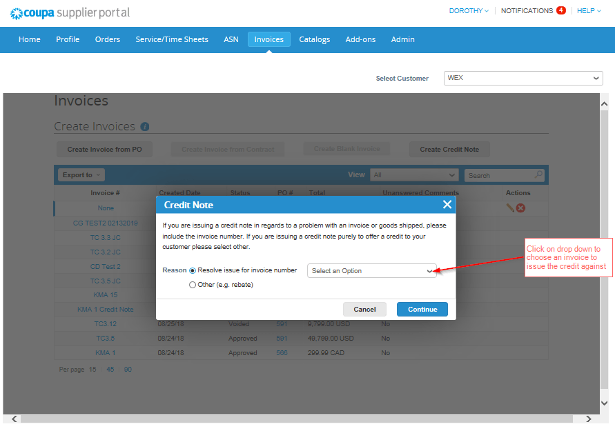 Credit note popup