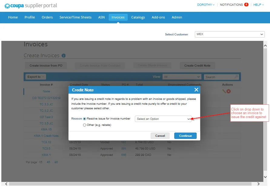 Credit note popup
