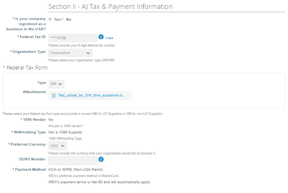 tax information - form for vendor contract