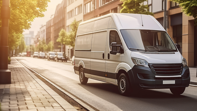 commercial van driving down an urban street