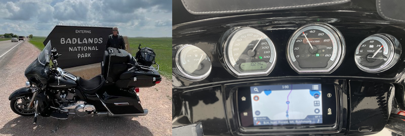 (Left) Rick at Badlands National Park. (Right) Rick’s motorcycle navigation screen as he heads to the Mount Rushmore National Monument.