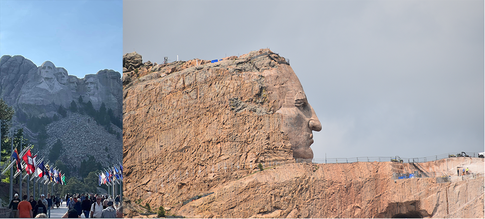 (Left) The Mount Rushmore National Memorial. (Right) The Crazy Horse Memorial, with construction workers in the lower-right corner of the frame for scale.