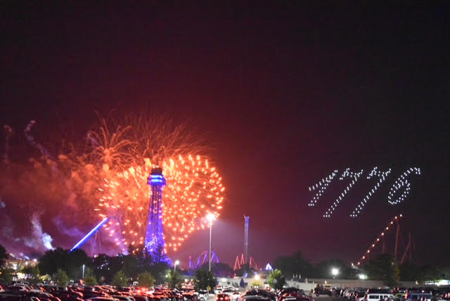 The firework and drone show at Kings Island. The “1776” is composed of drones.