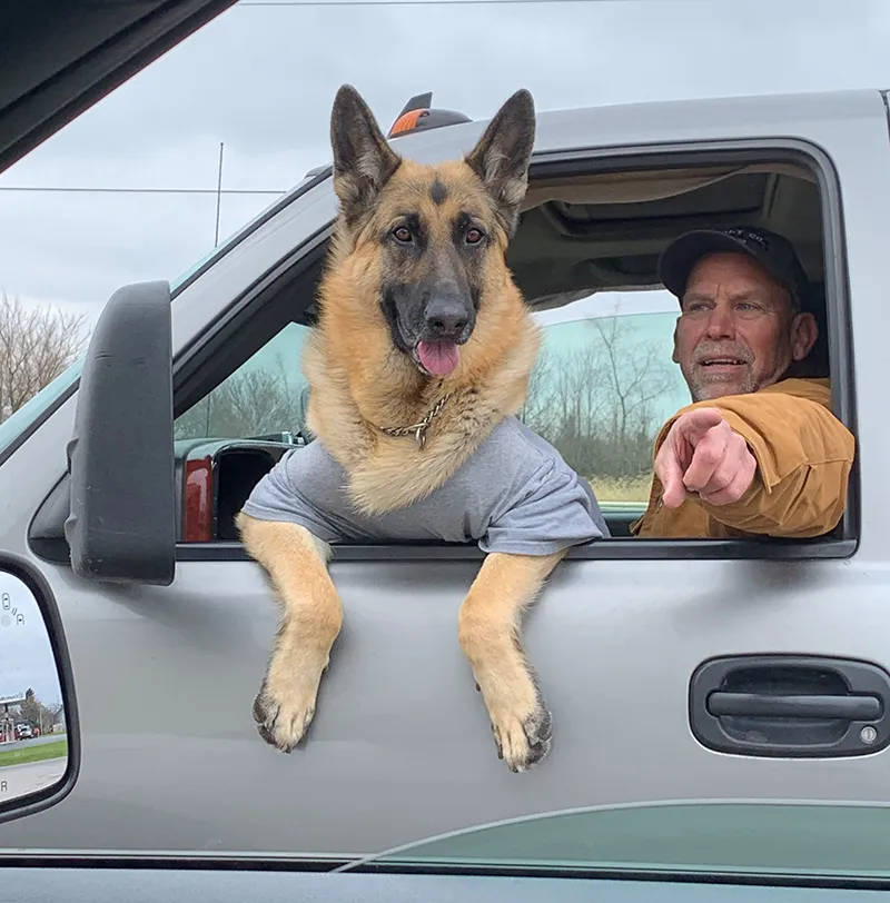 Bicknell with Tucker heading out for an RV delivery