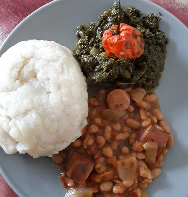 Kasava fufu, cassava leaves, Burundani vegetables, and red beans