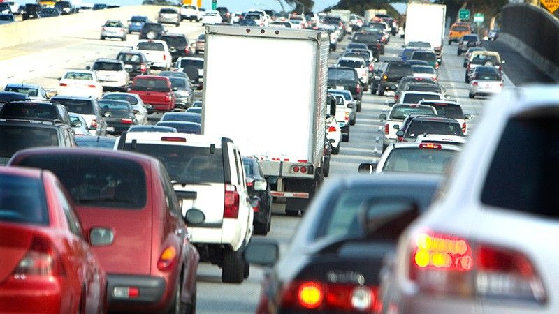 traffic jam with truck caught in the middle