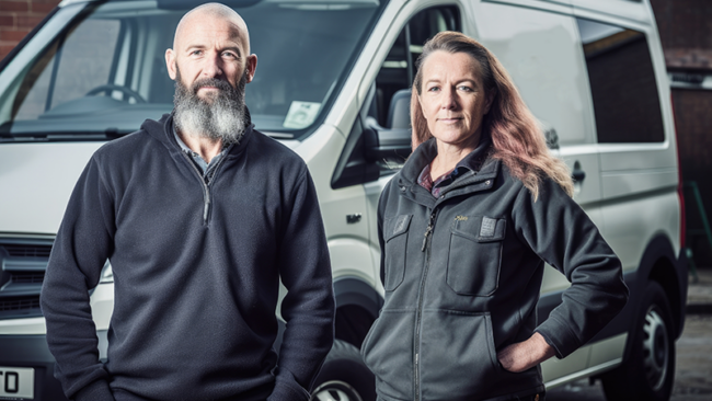 small business owners in front of work van