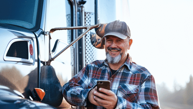 Happy trucker holding his cellphone, standing next to his truck.