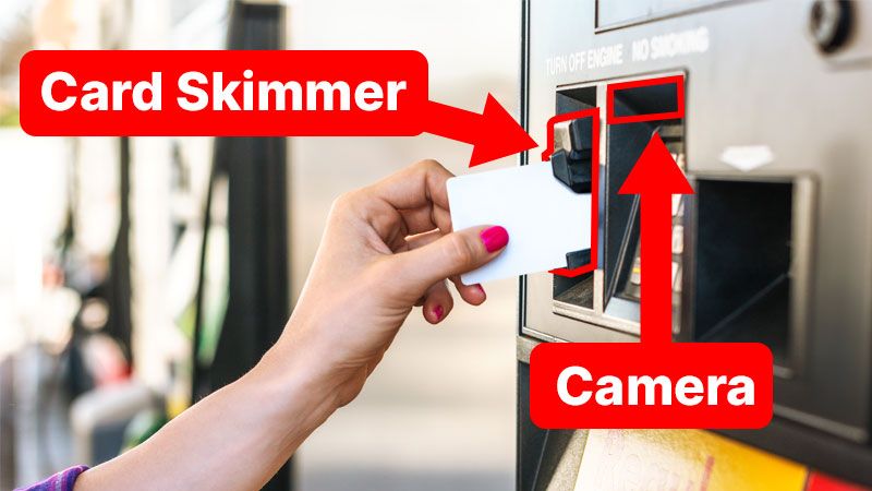 photo showing card skimmer and camera for purposes of fraud at a fuel pump