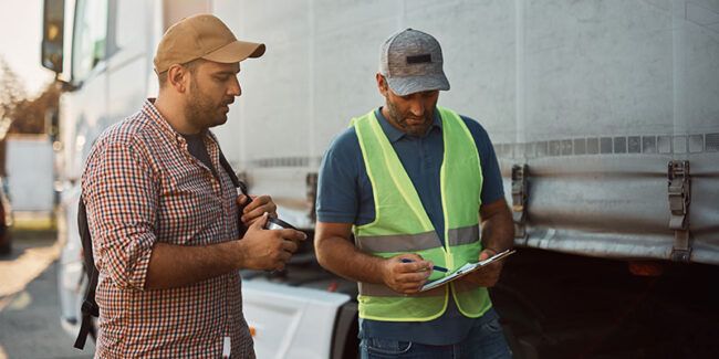 truckers talking in front of vehicle
