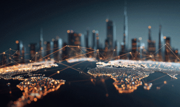 Global network of glowing data points and connections across continents representing WEX powering faster, smarter global travel payments and B2B transactions, set against a modern city skyline